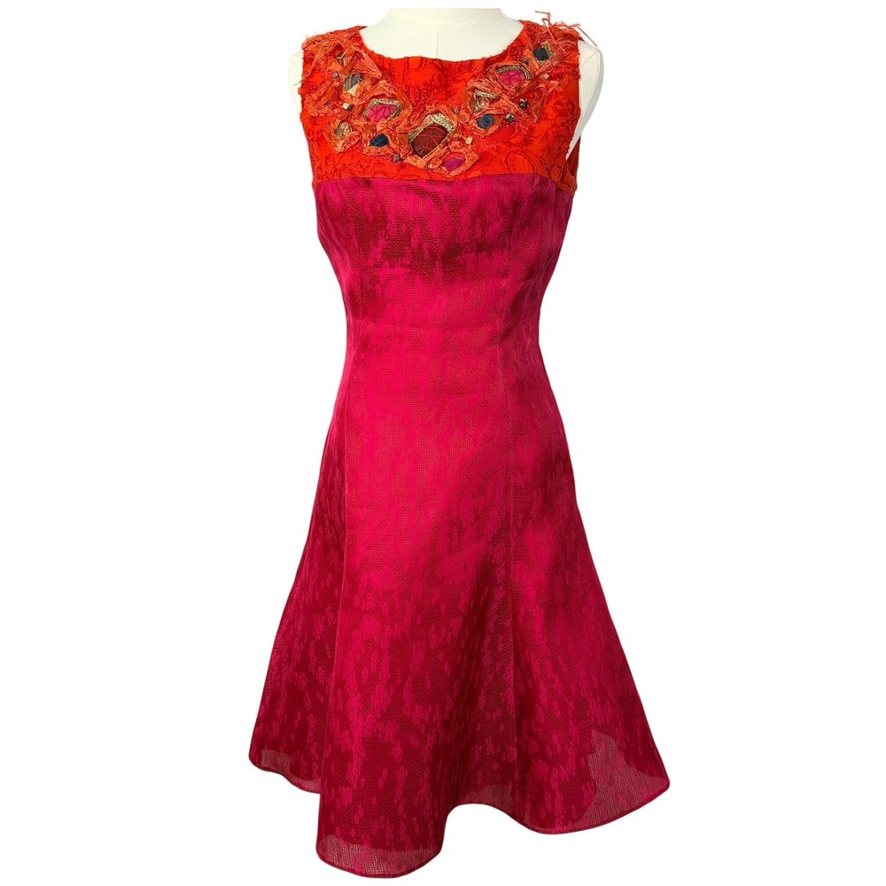 Carolina Herrera Silk Embellished Cocktail Dress Pink Orange Floral Jacquard - Picture 2 of 10